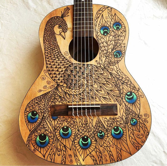 Songbird - Upcycled Guitar with Peacock Pyrography Design