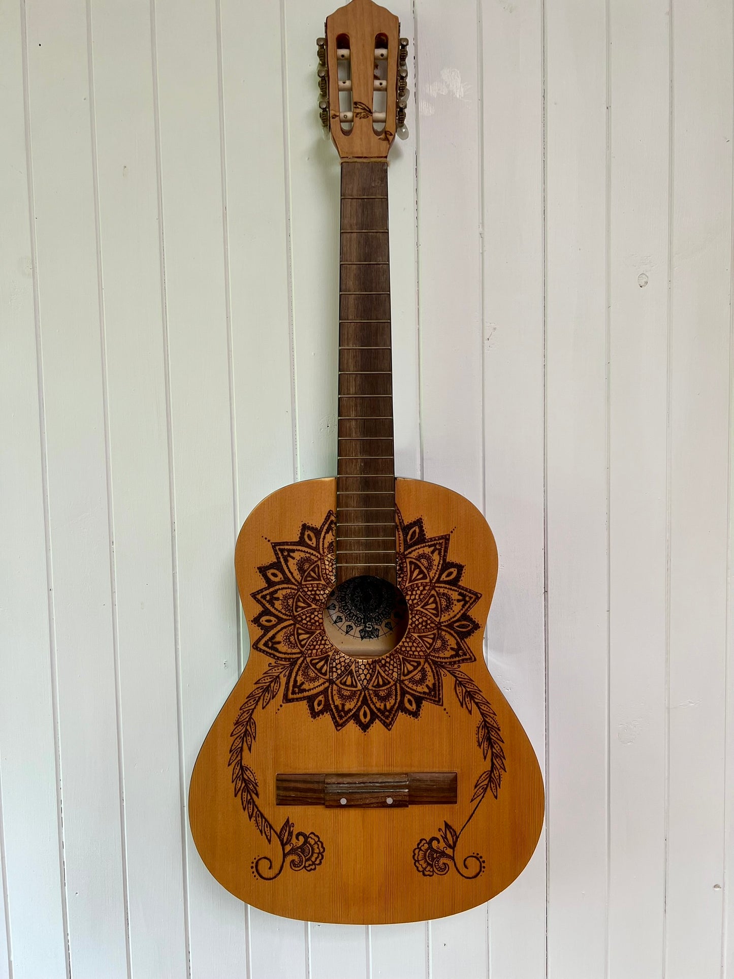 Gypsy – Upcycled Guitar with Mandala Pyrography Design