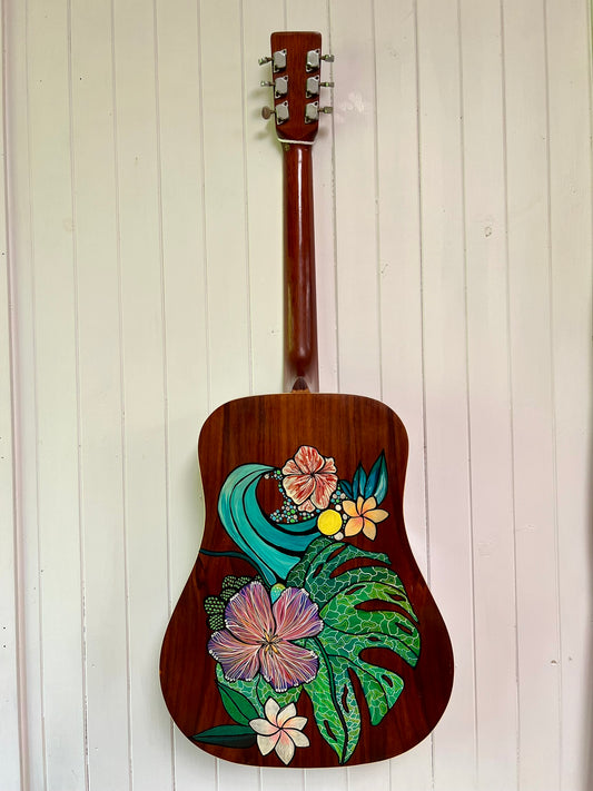 Seven Wonders – Upcycled Guitar with Surf-Inspired Wave and Floral Design