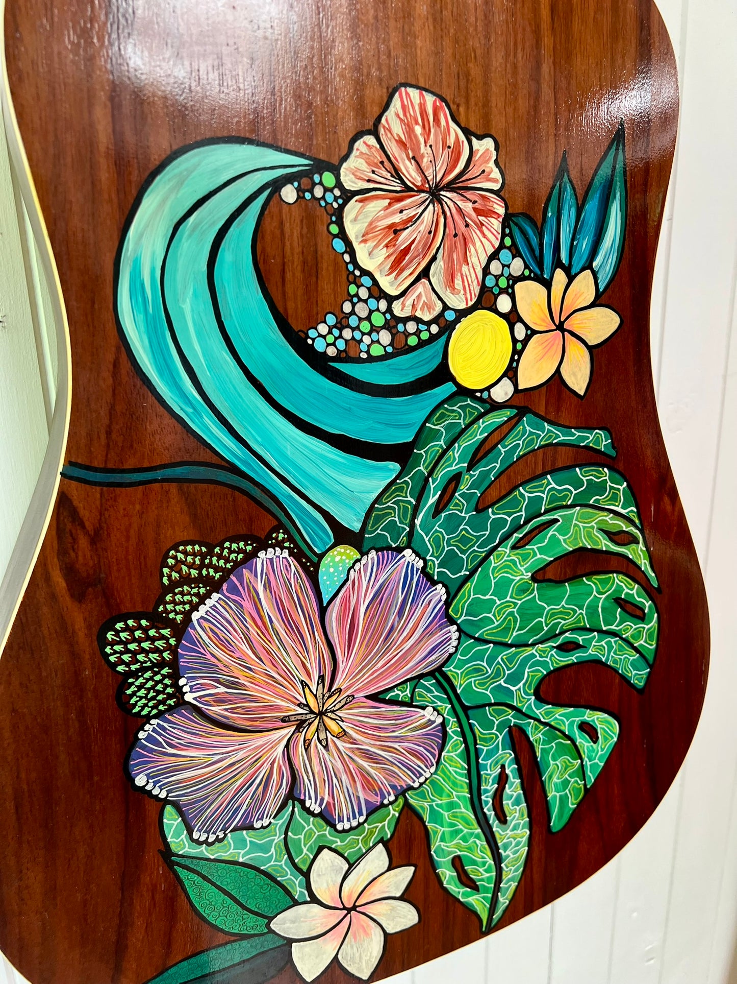 Seven Wonders – Upcycled Guitar with Surf-Inspired Wave and Floral Design