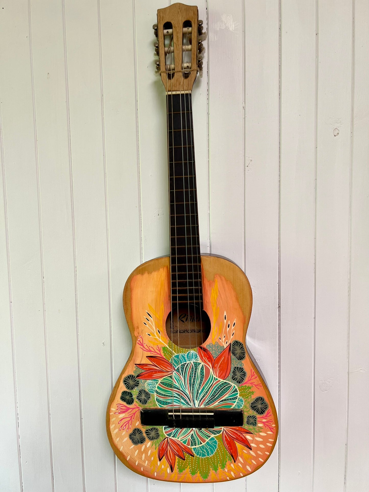 Sisters of the Moon – Upcycled Guitar with Abstract Peachy Florals and Rustic Charm