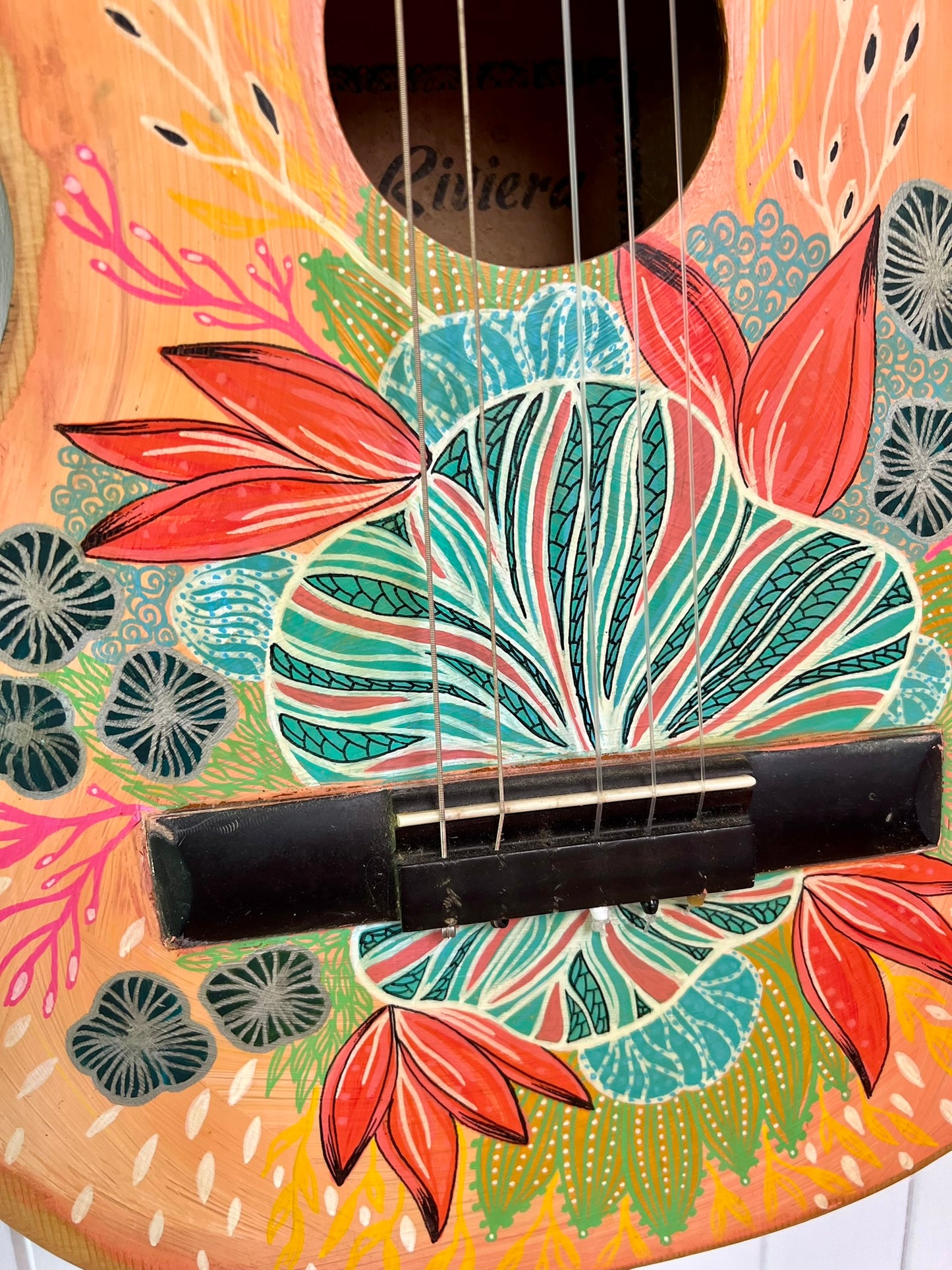 Sisters of the Moon – Upcycled Guitar with Abstract Peachy Florals and Rustic Charm