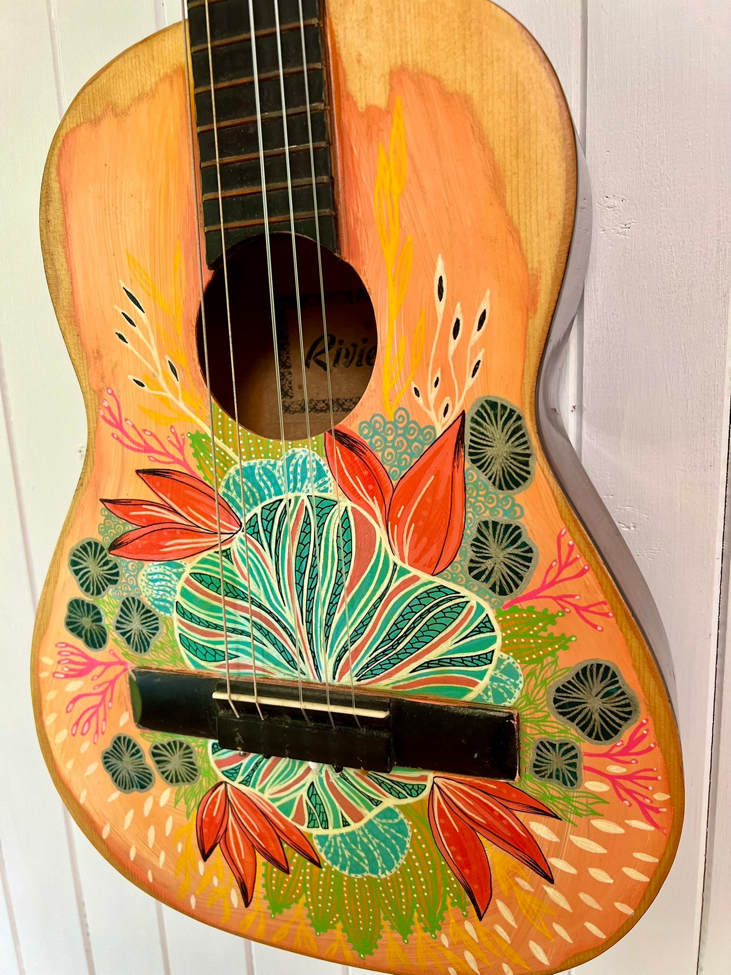 Sisters of the Moon – Upcycled Guitar with Abstract Peachy Florals and Rustic Charm