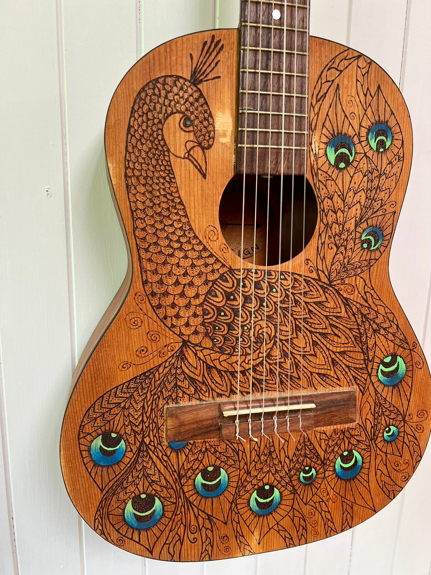 Songbird - Upcycled Guitar with Peacock Pyrography Design