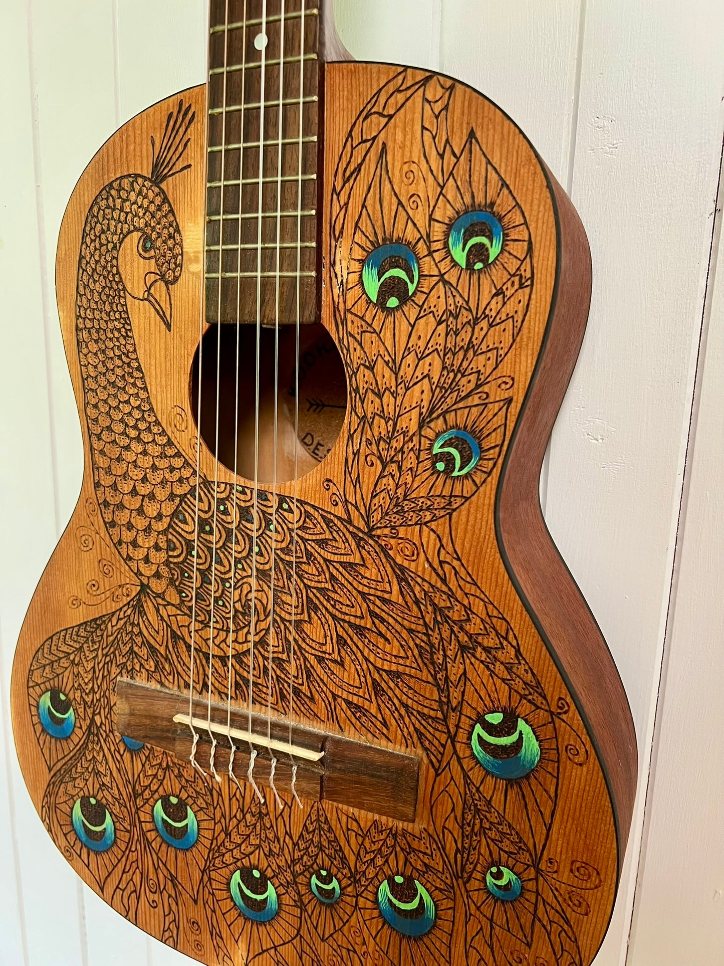 Songbird - Upcycled Guitar with Peacock Pyrography Design